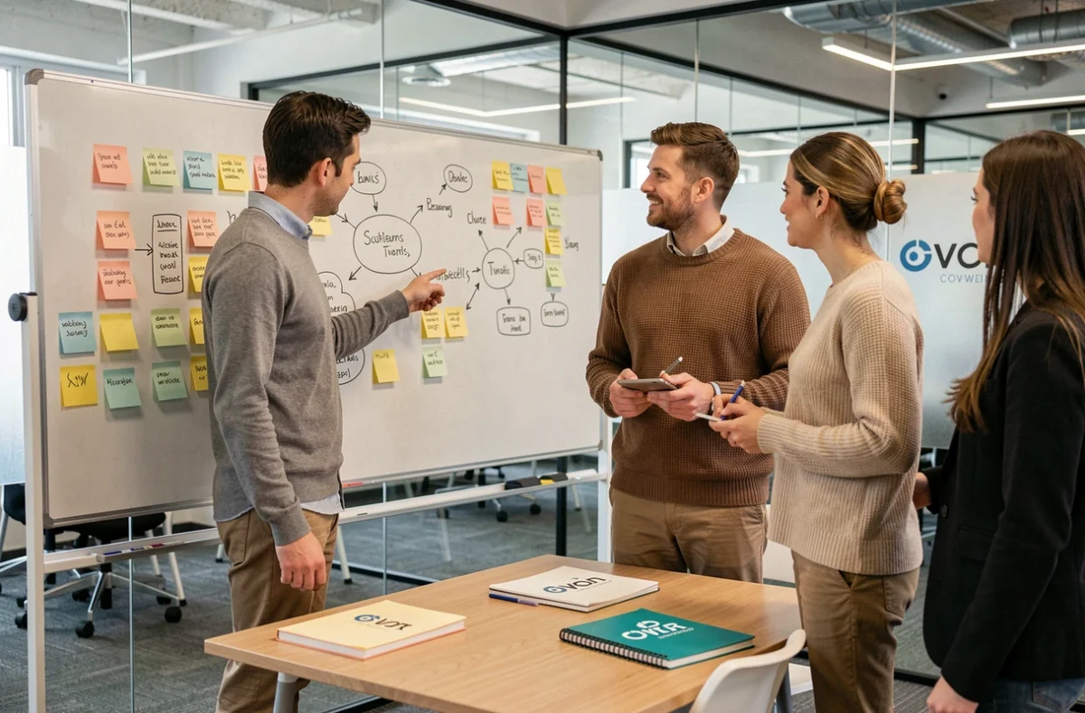Équipe de startup en séance de brainstorming dans une salle de réunion vitrée d'un coworking à La Roche-sur-Yon