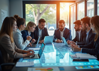 Groupe de professionnels analysant stratégies marketing digitales