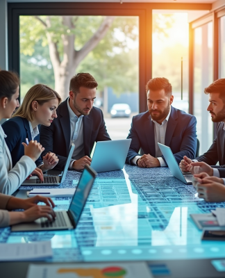 Groupe de professionnels analysant stratégies marketing digitales