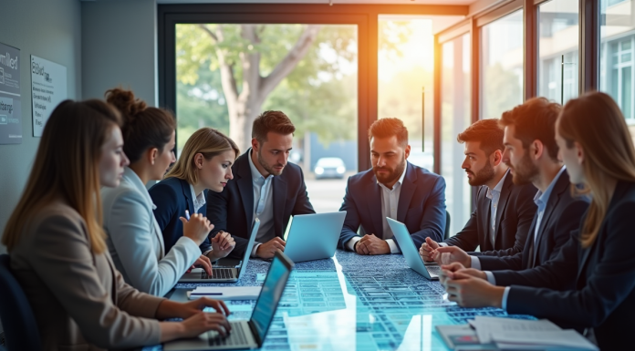 Groupe de professionnels analysant stratégies marketing digitales