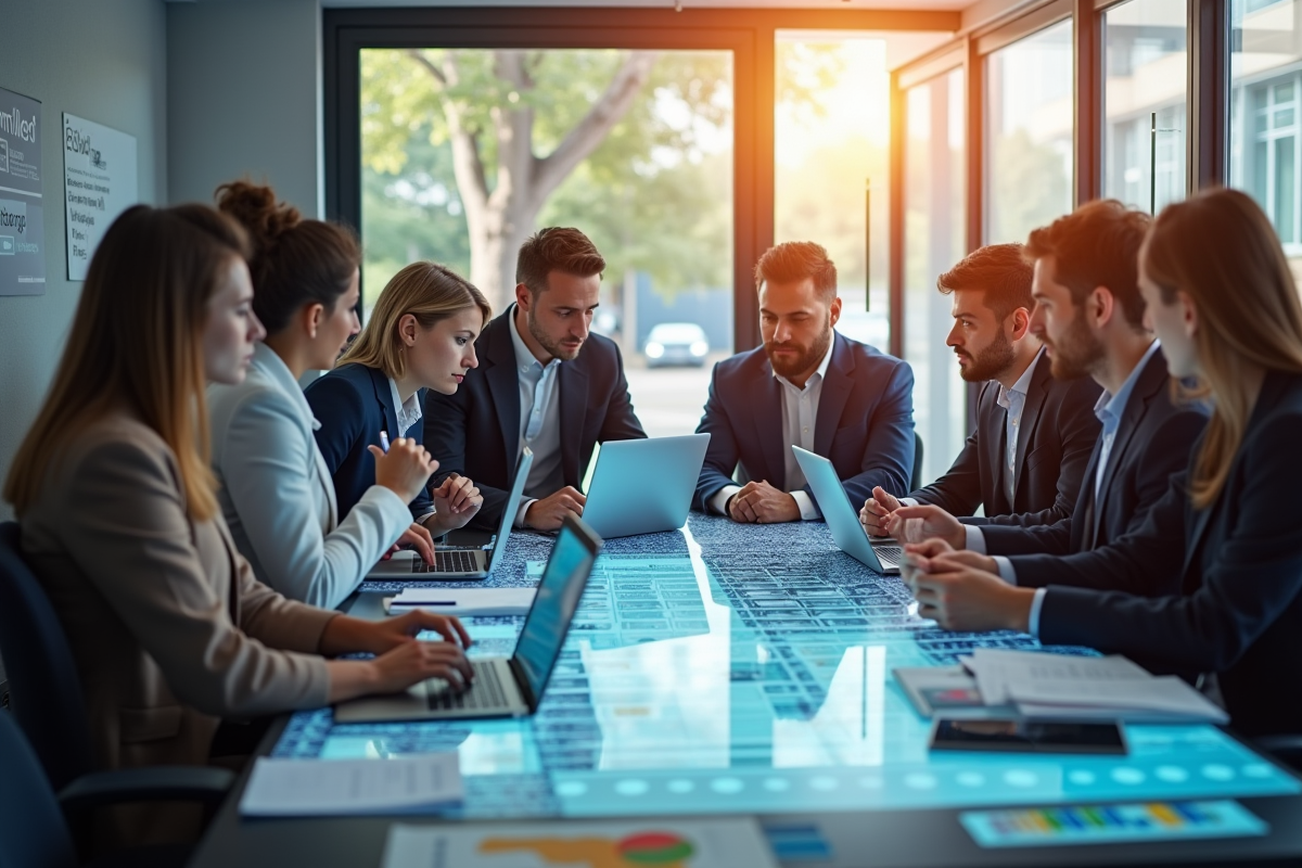 Groupe de professionnels analysant stratégies marketing digitales