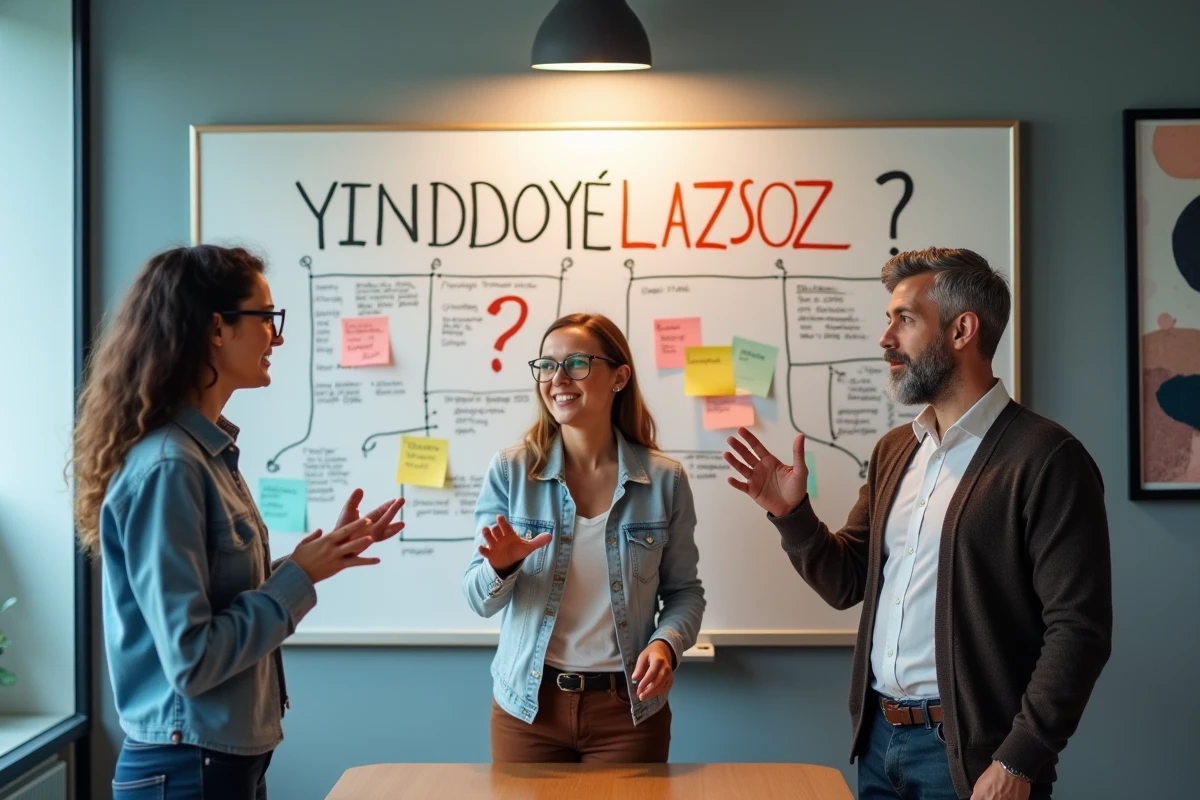 Équipe de professionnels tech débattant autour d'un tableau blanc avec le mystérieux nom de code Yindofoyelaszoz lors d'une réunion de stratégie