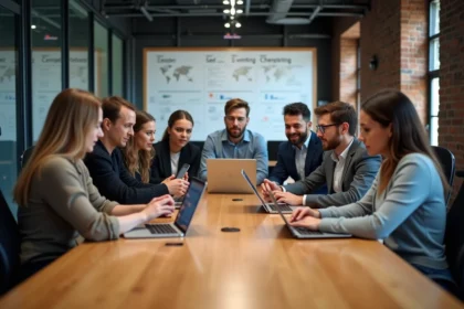 Groupe de professionnels tech en réunion autour de table
