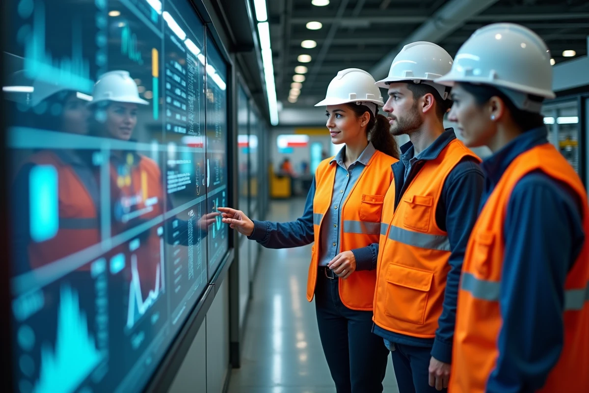 Groupe de travailleurs autour d un tableau digital en usine