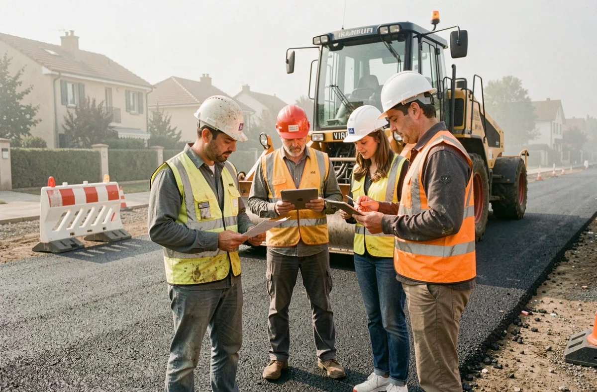 Équipe de travaux publics sur un chantier de voirie discutant de la révision de prix selon l'indice TP08