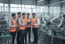 Innovation et performance : les piliers d’une industrie connectée Groupe d'ingénieurs en usine hyperrealiste