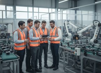 Groupe d'ingénieurs en usine hyperrealiste