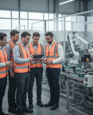 Innovation et performance : les piliers d’une industrie connectée Groupe d'ingénieurs en usine hyperrealiste
