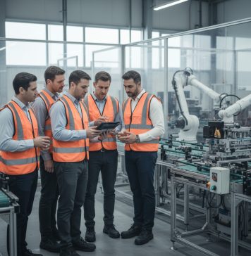 Groupe d'ingénieurs en usine hyperrealiste