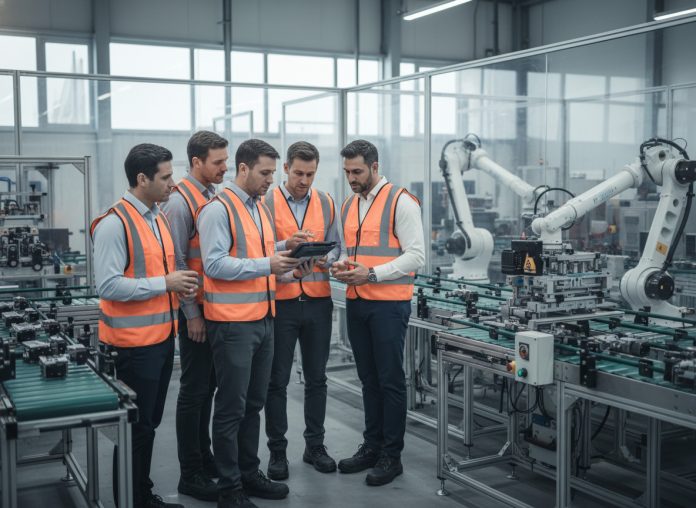 equipes-industrie-technologie Groupe d'ingénieurs en usine hyperrealiste