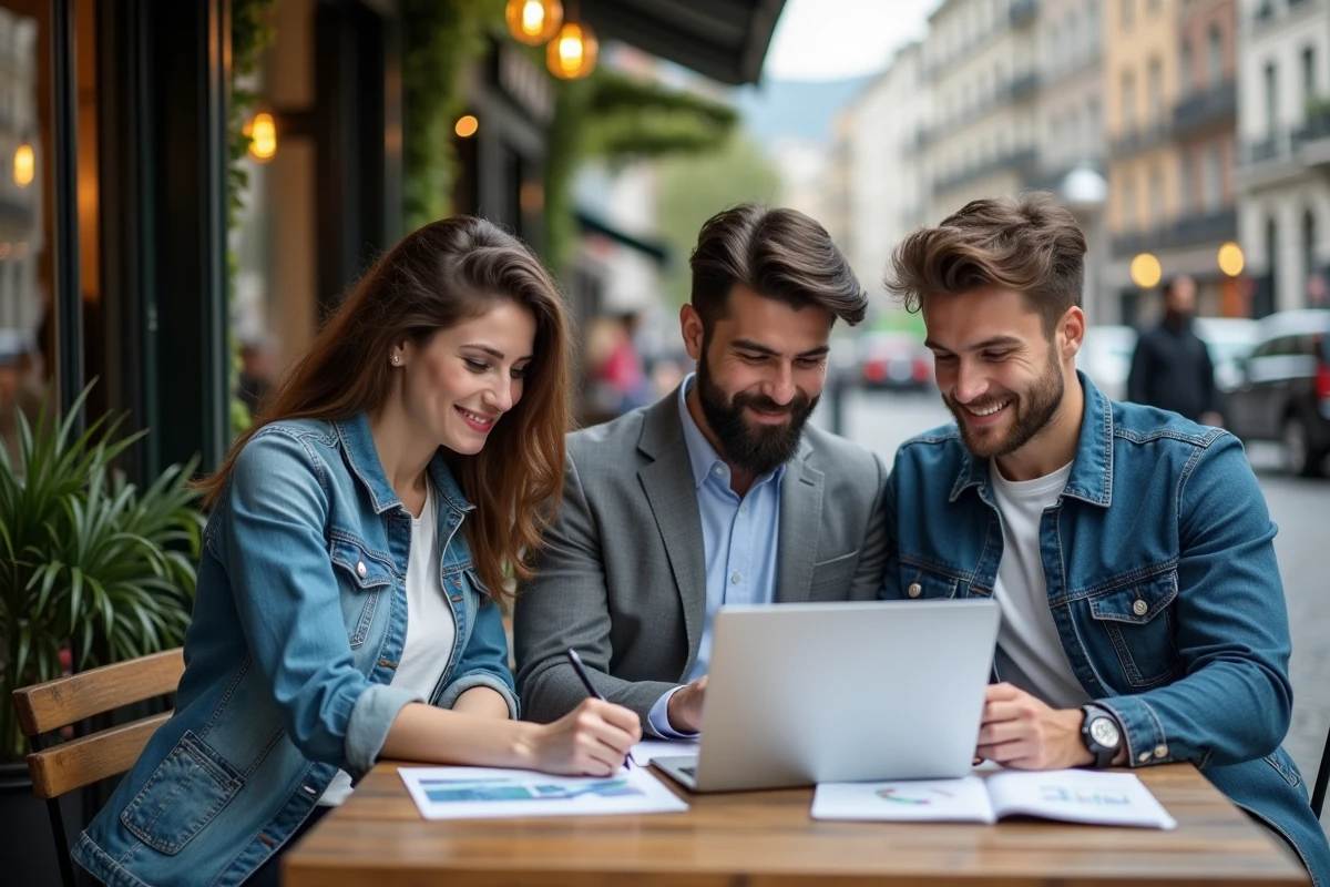 Groupe de jeunes professionnels travaillant dans un café en ville