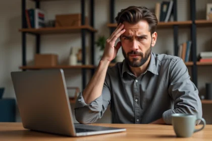 Homme frustré face à une erreur de connexion sur son compte en ligne depuis un bureau à domicile