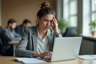 Femme frustrée devant un écran d'ordinateur affichant une erreur de connexion sur un compte RH en entreprise