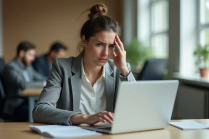 Femme frustrée devant un écran d'ordinateur affichant une erreur de connexion sur un compte RH en entreprise