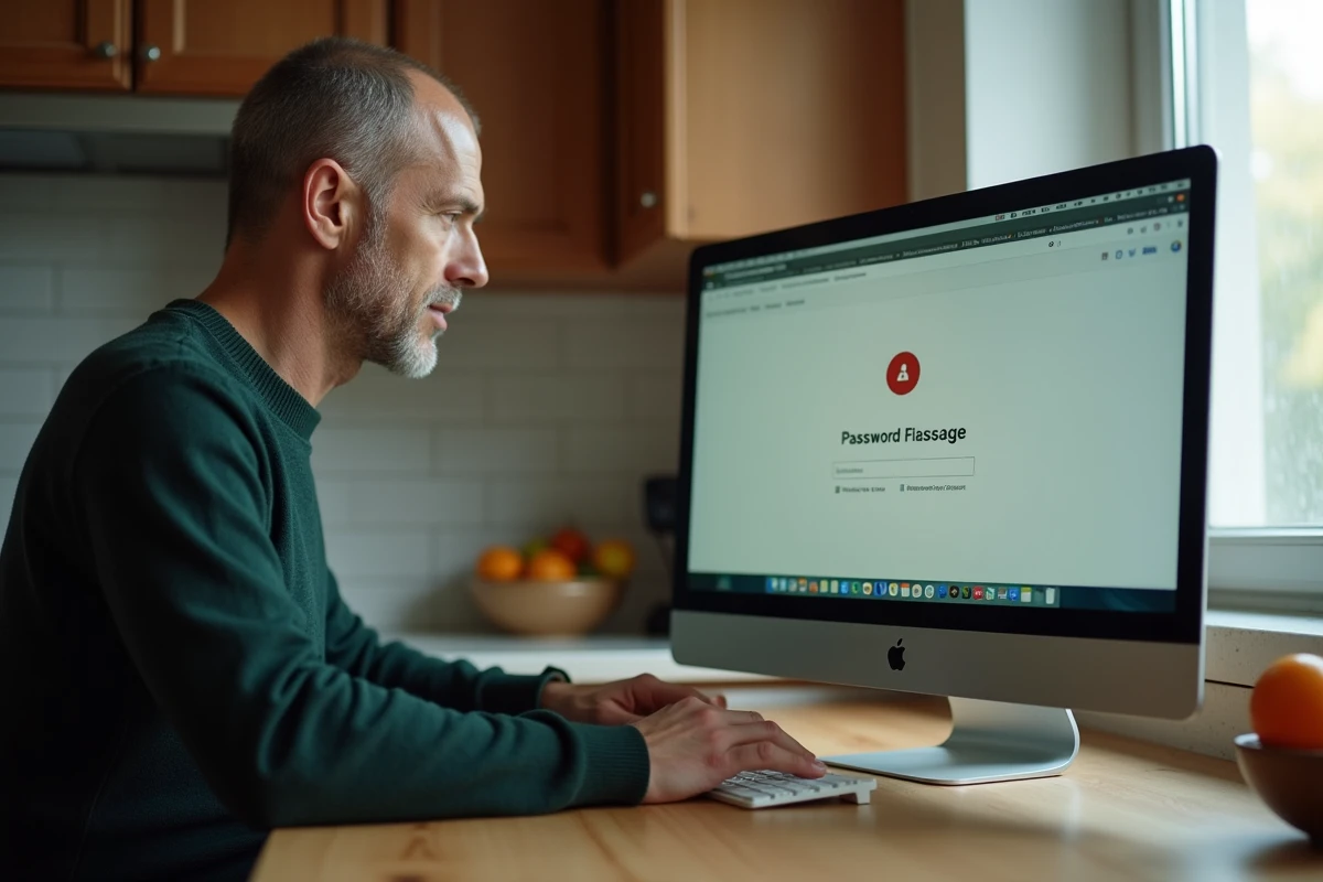Homme à domicile face à un message d'erreur de mot de passe sur son ordinateur de bureau dans la cuisine