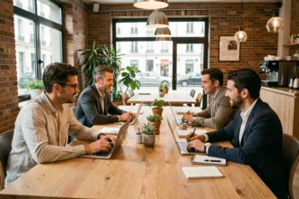 Groupe de professionnels en coworking autour d'une table en bois dans un espace de travail partagé à La Roche-sur-Yon
