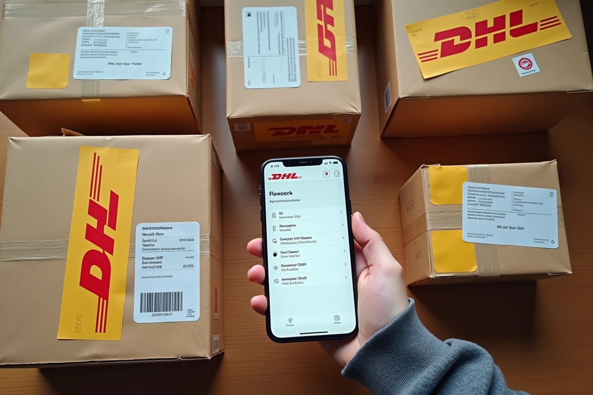 Vue aérienne de colis DHL avec étiquettes d'expédition nationales et internationales sur un bureau, illustrant les différences de délais de livraison pendant une grève
