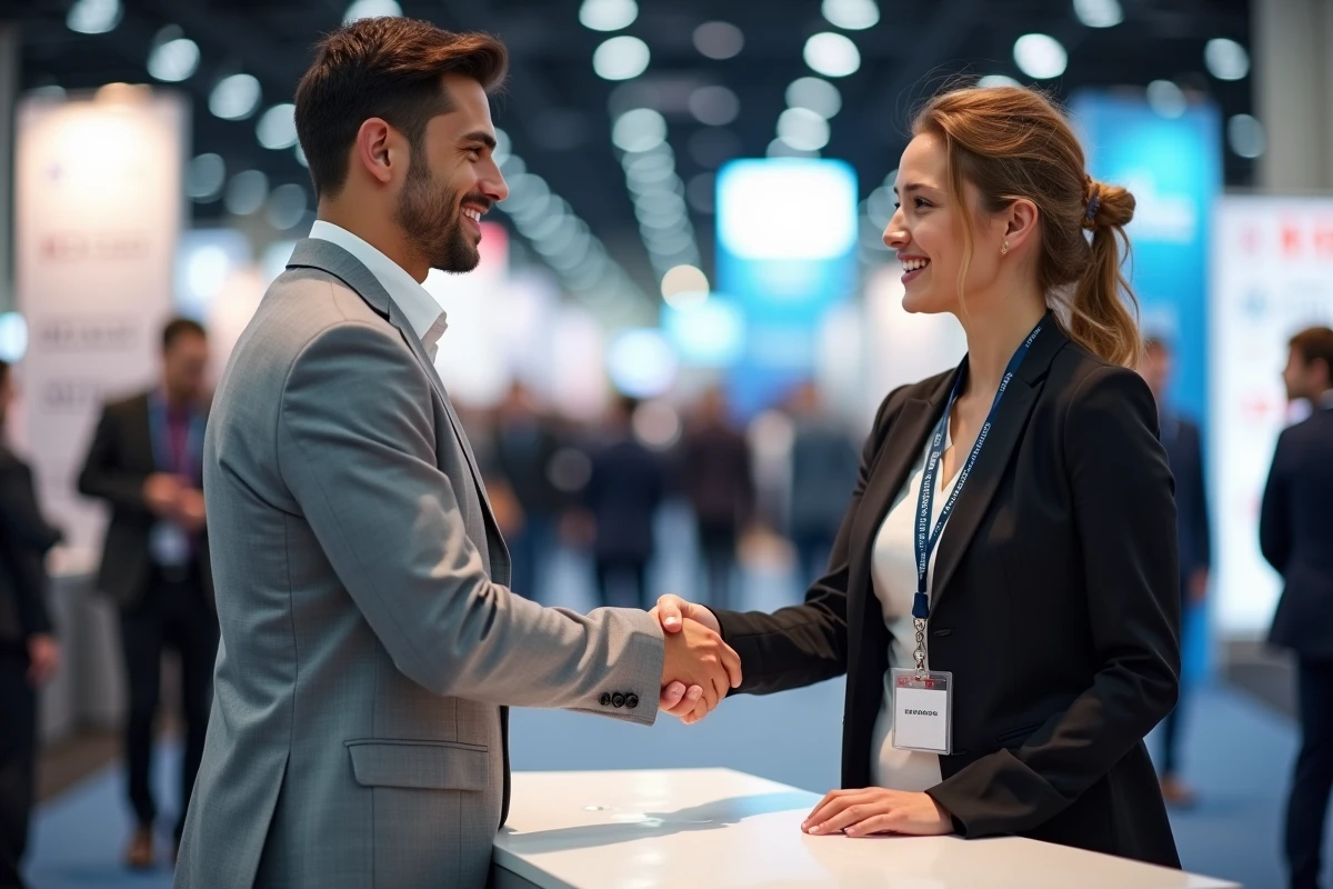 Étudiant en costume serrant la main d'un recruteur lors d'un forum emploi, illustrant les opportunités de stage et d'alternance via les rencontres-emploi en 2026