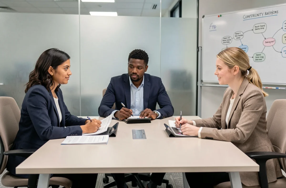 Groupe de candidats diversifiés participant à un exercice d'évaluation des compétences lors d'un processus de recrutement en salle de réunion moderne