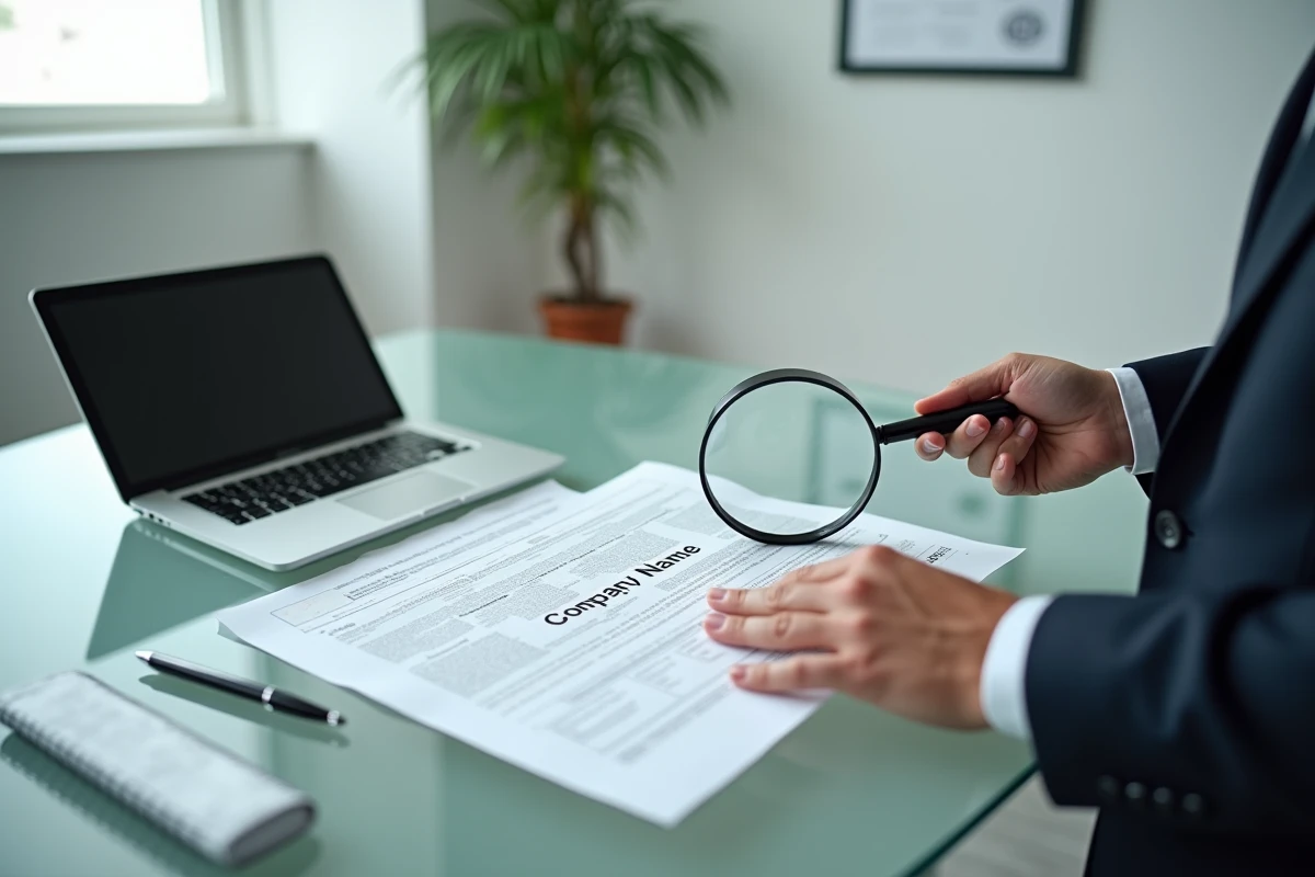 Mains d'un cadre supérieur examinant à la loupe un document d'immatriculation d'une société au nom ambigu, concept de vigilance juridique
