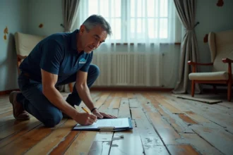 Expert en sinistre habitation inspectant des dégâts des eaux sur un parquet gondolé dans un salon