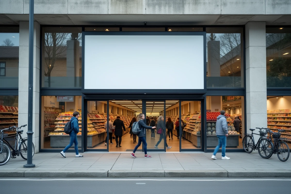 Façade d'entrée d'un supermarché discount européen avec signalétique minimaliste vue depuis le trottoir