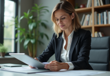 Secteur services les plus lucratives: quel choix faites-vous? Femme d affaires en costume dans un bureau moderne