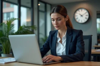 Femme d'affaires en costume regardant des graphiques financiers