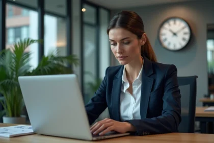 Femme d'affaires en costume regardant des graphiques financiers