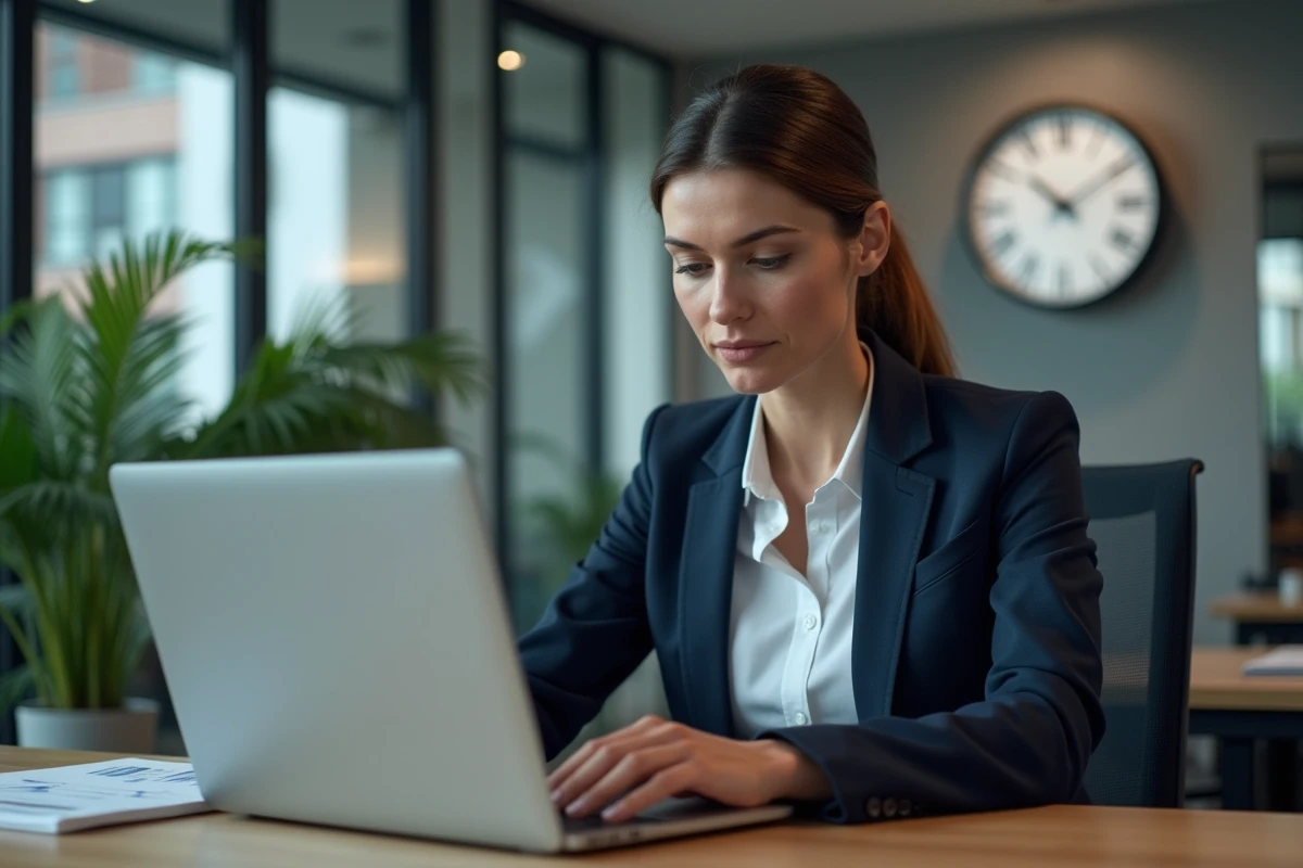 Femme d'affaires en costume regardant des graphiques financiers