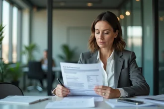 Femme d'affaires lisant un rapport de risque dans un bureau moderne