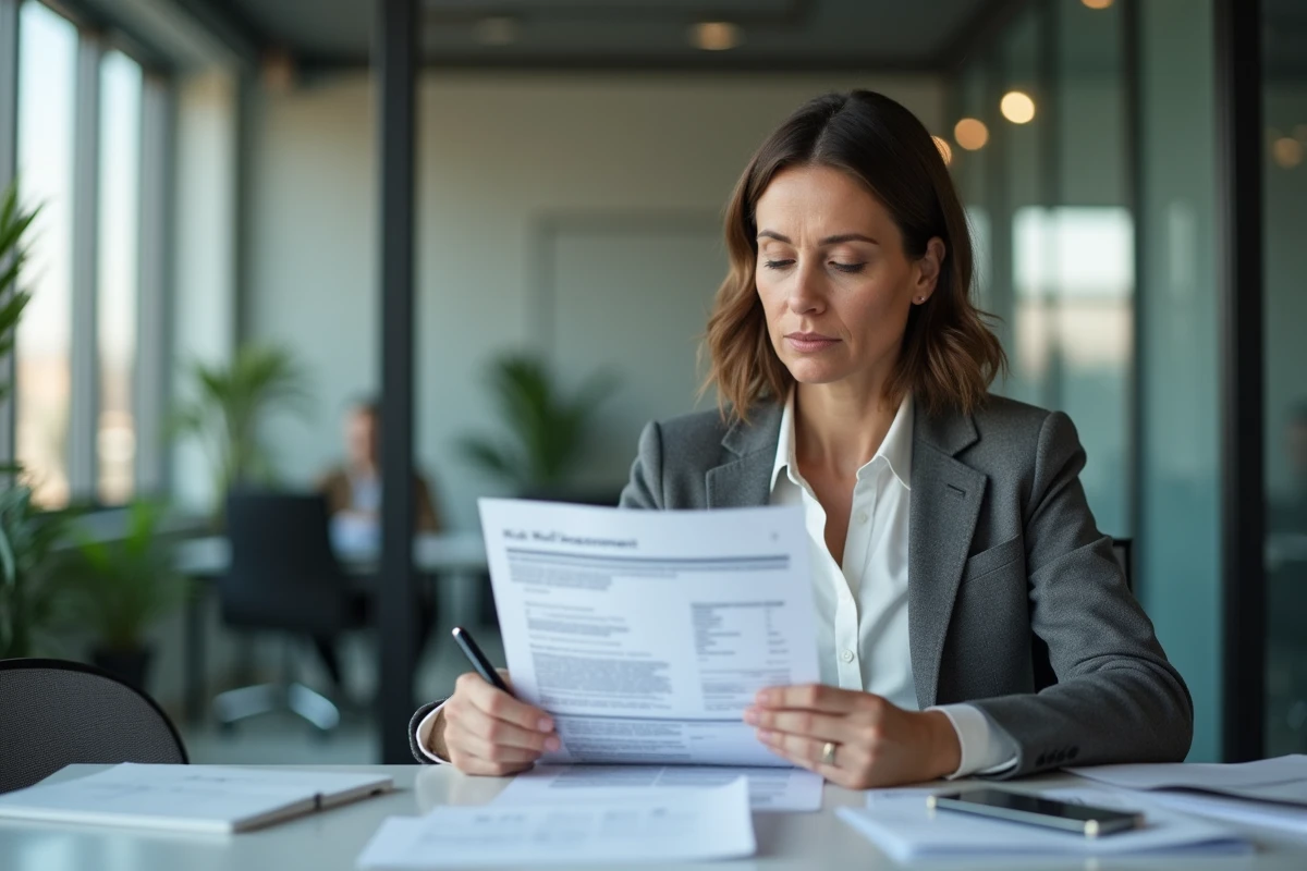 Femme d'affaires lisant un rapport de risque dans un bureau moderne