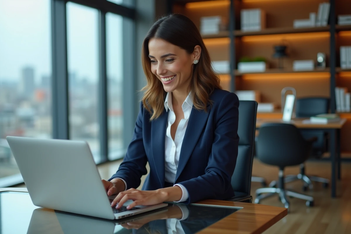Femme d'affaires souriante devant son ordinateur en bureau moderne