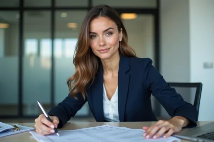 Jeune femme d'affaires signant un document dans un bureau moderne