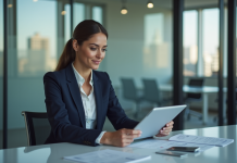 Métier marketing le mieux payé : découvrez le top salaires ! Femme d'affaires confiante en costume navy dans un bureau moderne