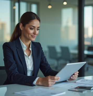 Métier marketing le mieux payé : découvrez le top salaires ! Femme d'affaires confiante en costume navy dans un bureau moderne