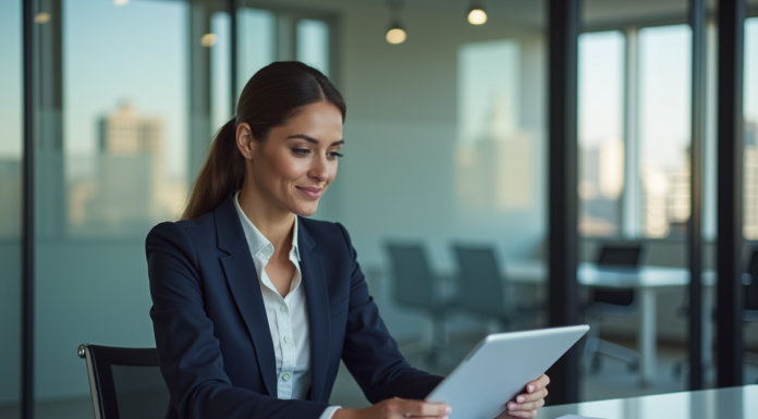 Métier marketing le mieux payé : découvrez le top salaires ! Femme d'affaires confiante en costume navy dans un bureau moderne