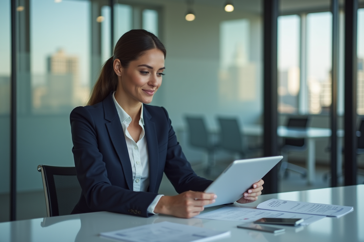 Femme d'affaires confiante en costume navy dans un bureau moderne