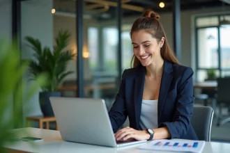 Femme en business casual analyse graphiques marketing