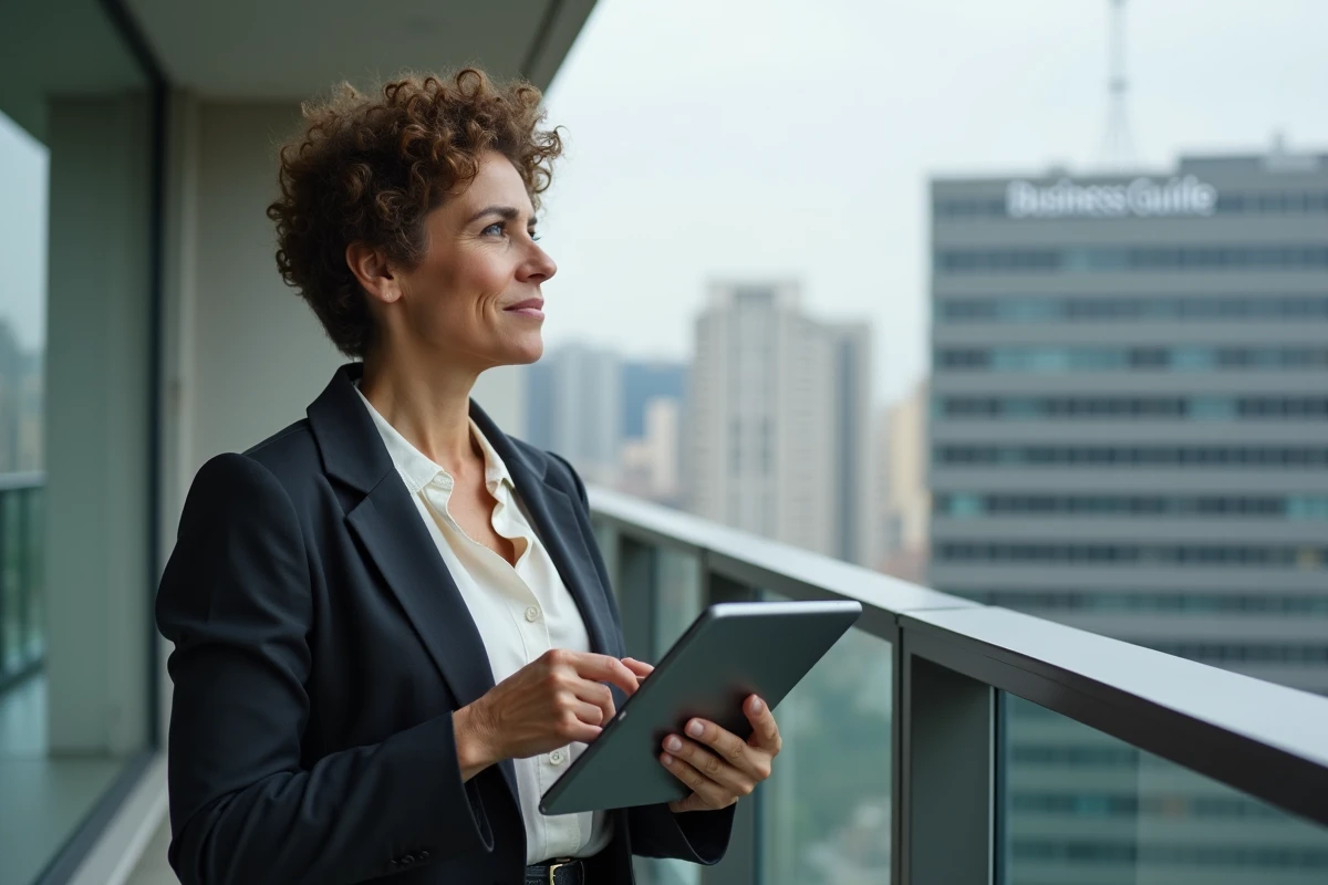 Femme tenant une tablette sur un balcon urbain