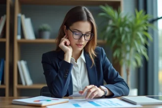 Femme en bureau moderne analysant des graphiques d'affaires