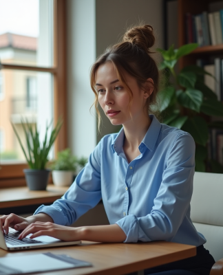 Femme en bureau à domicile travaillant sur son ordinateur