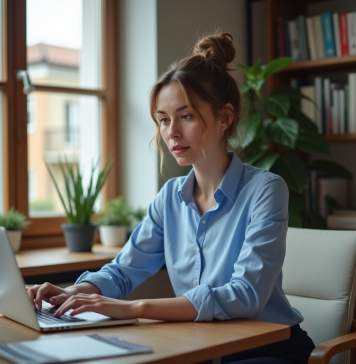 Productivité et télétravail : employés à distance efficaces ? Femme en bureau à domicile travaillant sur son ordinateur