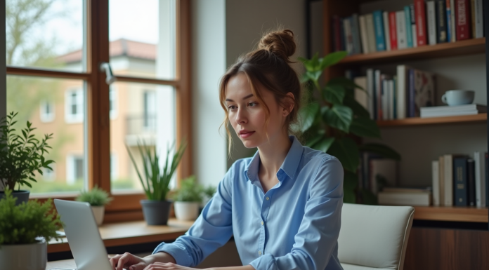 Femme en bureau à domicile travaillant sur son ordinateur