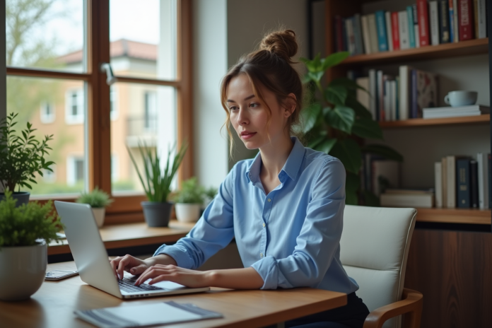 Femme en bureau à domicile travaillant sur son ordinateur