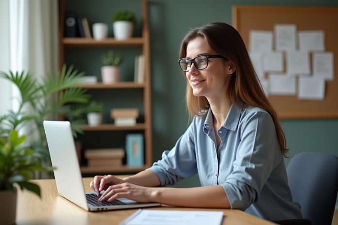 femme-bureau-laptop Femme au bureau travaillant sur son ordinateur portable