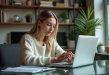 Femme en bureau moderne examinant un produit