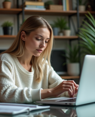 Femme en bureau moderne examinant un produit
