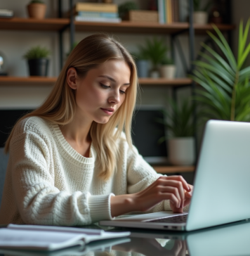 Femme en bureau moderne examinant un produit