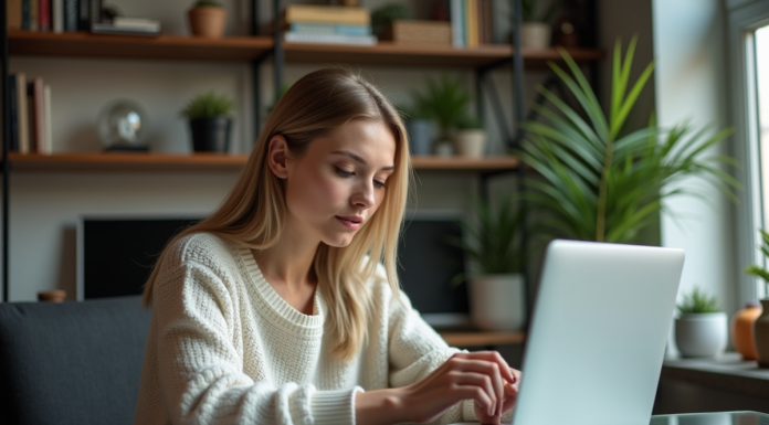 Femme en bureau moderne examinant un produit